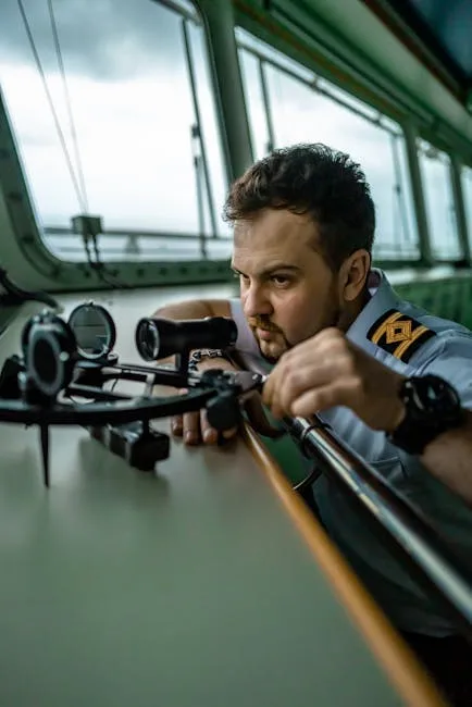 Sextant 4 Focused sailor using a sextant for navigation aboard a ship. Maritime expertise in action.
